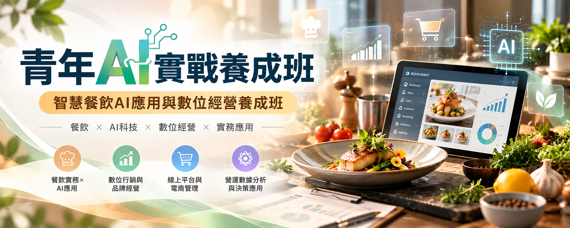 青年AI實戰養成班：智慧餐飲AI應用與數位經營養成班，餐飲、AI科技、數位經營與實務應用課程主視覺